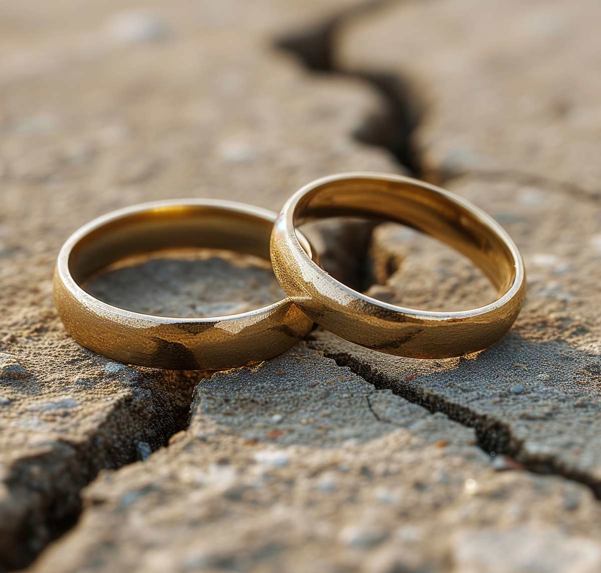 Eheringe auf einem Untergrund, durch den ein tiefer Riss läuft